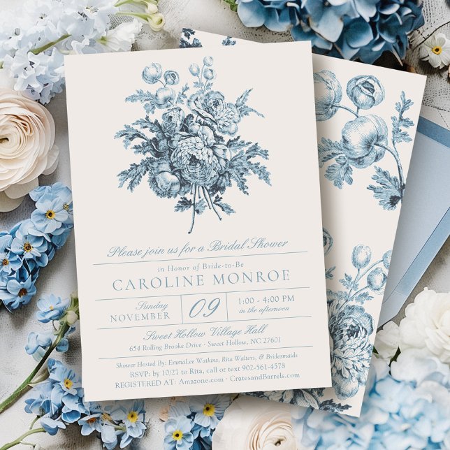 Invitación Elegant Blue Flowers Botanical Bridal Shower (Blue & ivory modern vintage floral bouquet chinoiserie french toile elegant bridal shower invitation)
