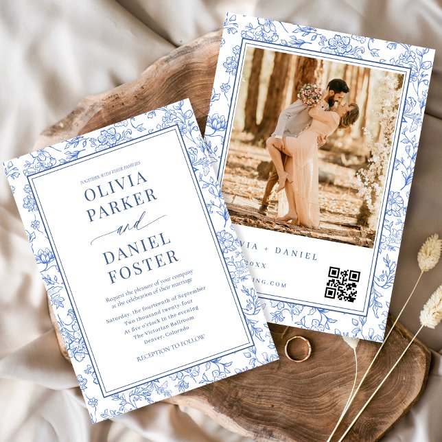 Invitación Elegant Blue French Floral Photo QR Code  (Subido por el creador)