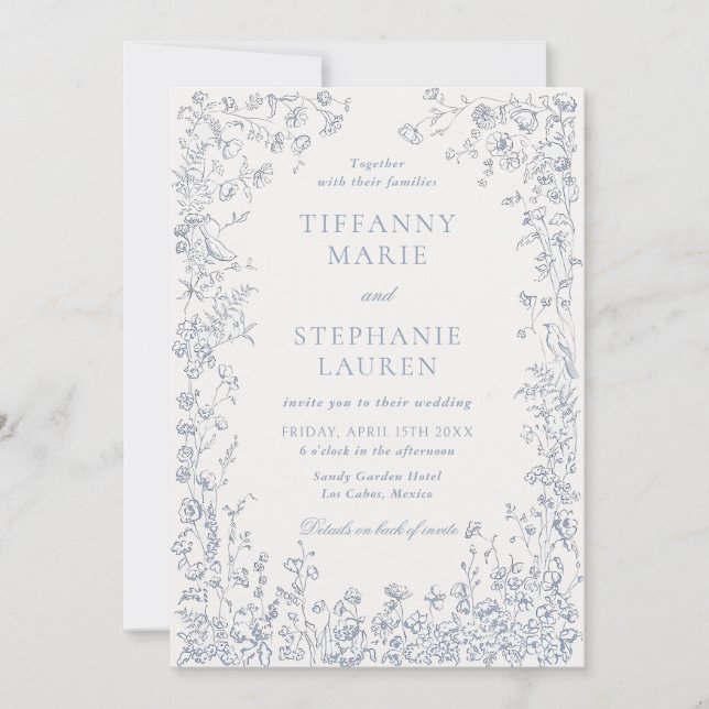 Invitación Elegant Blue French Floral Wedding Invitation (Anverso)