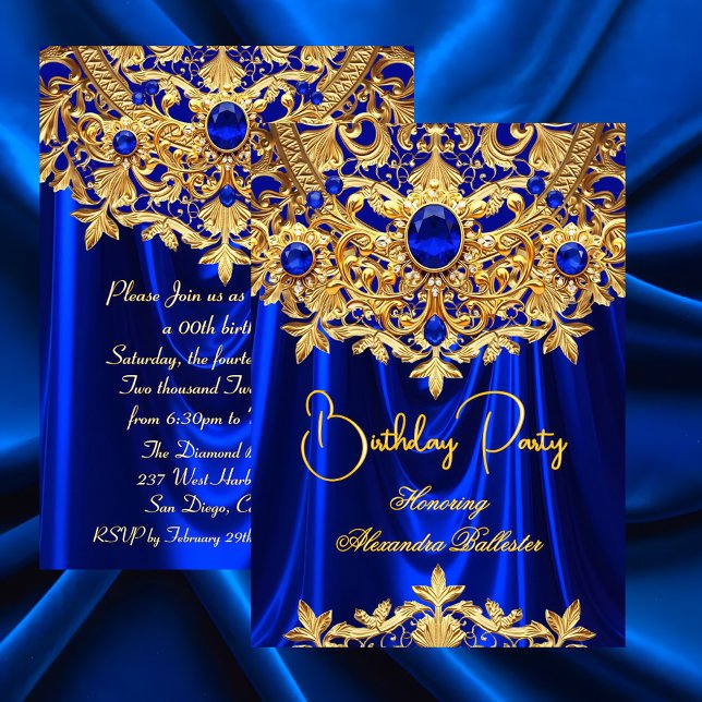 Invitación Elegant Blue Gems Gold Lace Damask Birthday Party (Subido por el creador)
