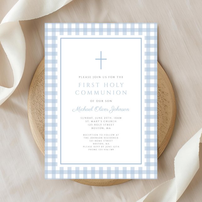 Invitación Elegant Blue Gingham Boy First Communion (Elegant Blue Gingham Boy First Communion Invitation)