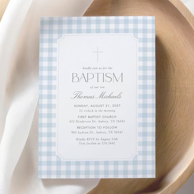 Invitación Elegant Blue Gingham Cross Boy Baptism (Subido por el creador)
