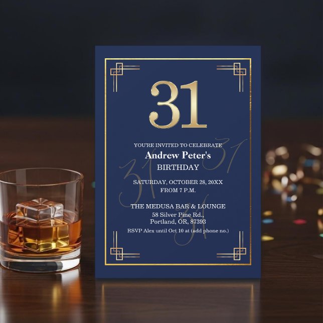 Invitación Elegant Blue Gold 31st Birthday Party (Subido por el creador)