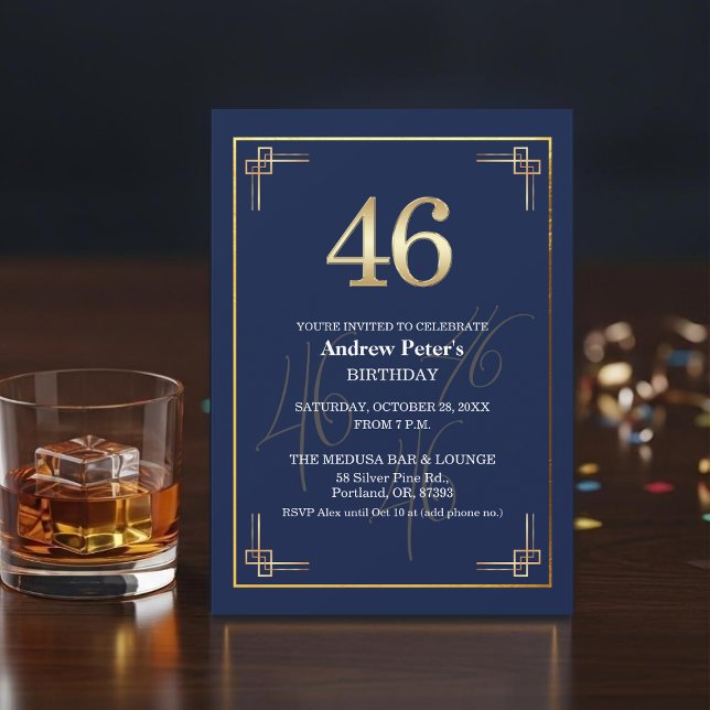 Invitación Elegant Blue Gold 46th Birthday Party (Subido por el creador)