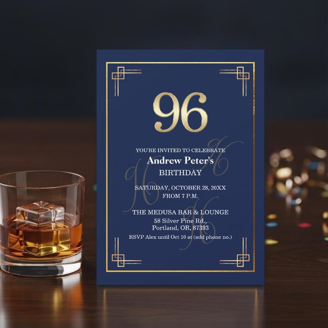 Invitación Elegant Blue Gold 96th Birthday Party (Subido por el creador)