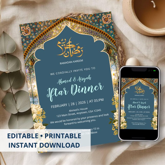 Invitación Elegant Blue & Gold Arch Ramadan Iftar Dinner (Subido por el creador)