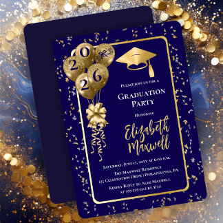 Invitación Elegant Blue Gold Balloons Graduation Party