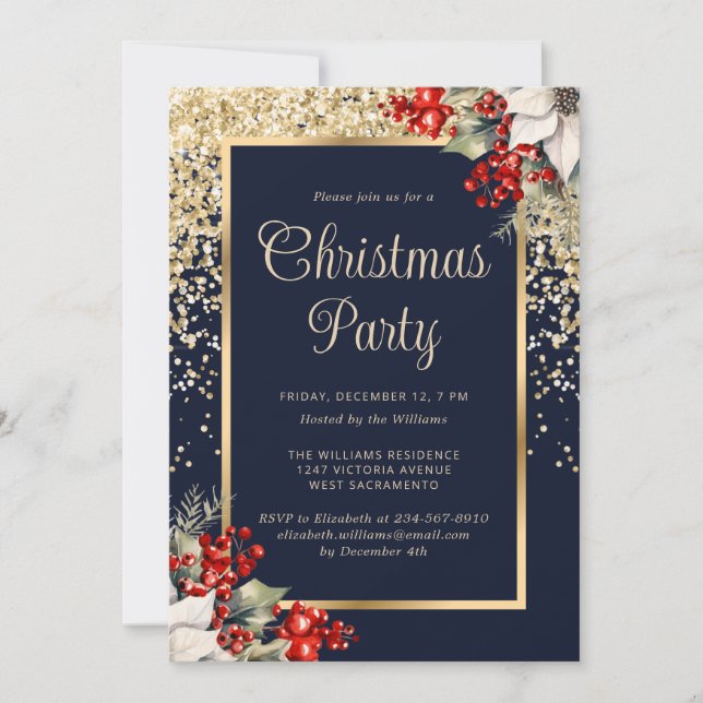 Invitación Elegant Blue Gold Botanical Christmas Party (Anverso)