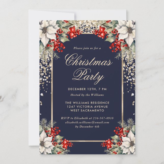 Invitación Elegant Blue Gold Botanical Christmas Party (Anverso)