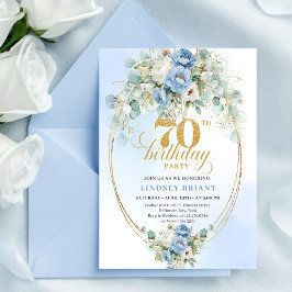 Invitación Elegant Blue Gold Floral 70th Birthday Invitation 