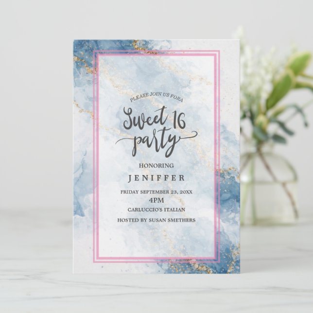 Invitación Elegant Blue Gold Glitter Abstract Flow            (Anverso de pie)