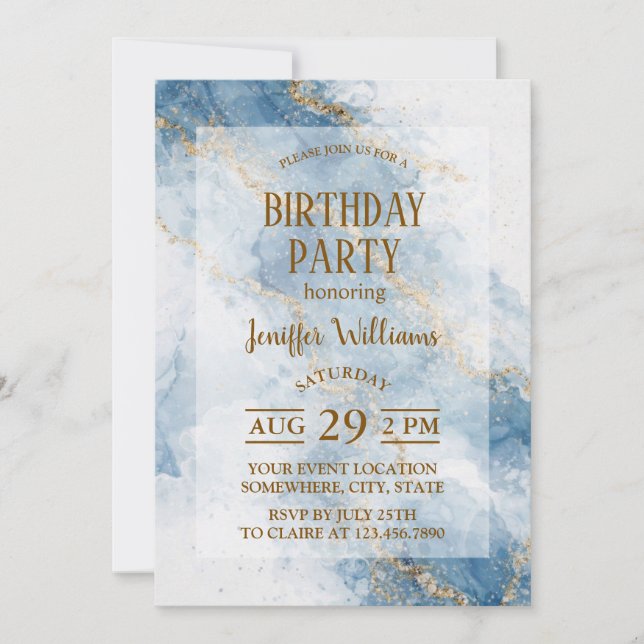 Invitación Elegant Blue Gold Glitter Abstract Flow            (Anverso)