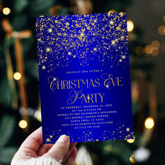 Invitación Elegant Blue Gold Glitter Christmas Eve Party