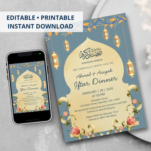 Invitación Elegant Blue Gold Lanterns & Floral Arch Iftar (Subido por el creador)