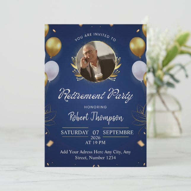 Invitación Elegant Blue Gold Retirement Party Invitation (Anverso de pie)