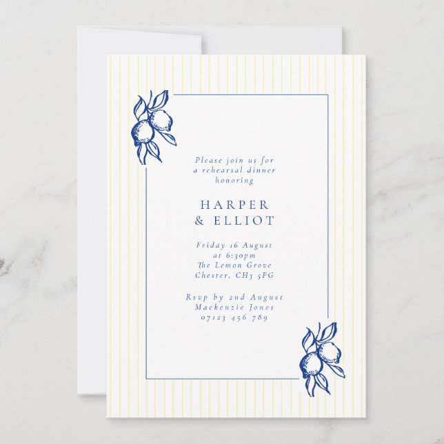 Invitación Elegant Blue Hand Drawn Lemon Rehearsal Dinner (Anverso)