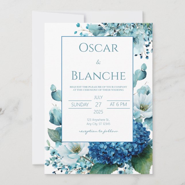 Invitación Elegant Blue Hydrangea Anemone Watercolor Wedding (Anverso)