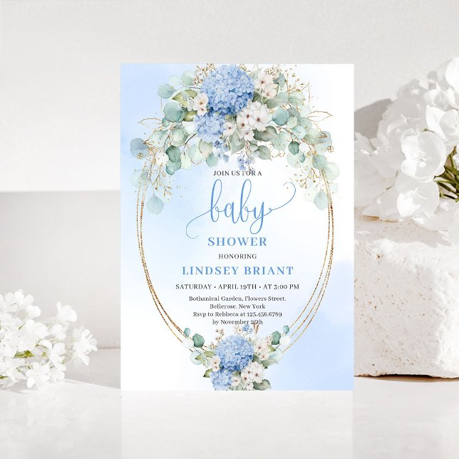 Invitación Elegant Blue Hydrangea Baby Shower Gold Invitation (Elegant Blue Hydrangea Baby Shower Gold Invitation)