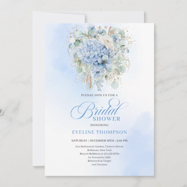 Invitación Elegant Blue Hydrangea Gold Bridal Shower Invite (Anverso)