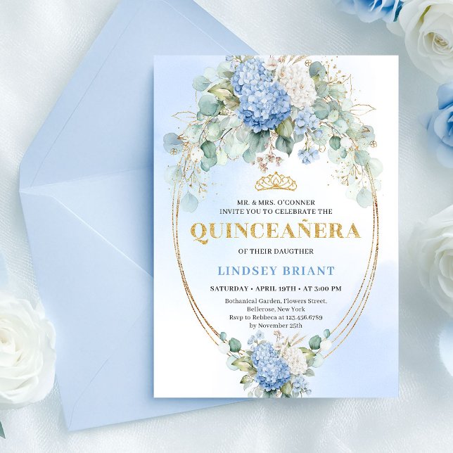 Invitación Elegant Blue Hydrangea Gold Quinceañera Invitation (Elegant Blue Hydrangea Gold Quinceañera Invitation)