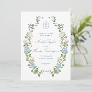 Invitación Elegant Blue Hydrangea Monogram Save the Date
