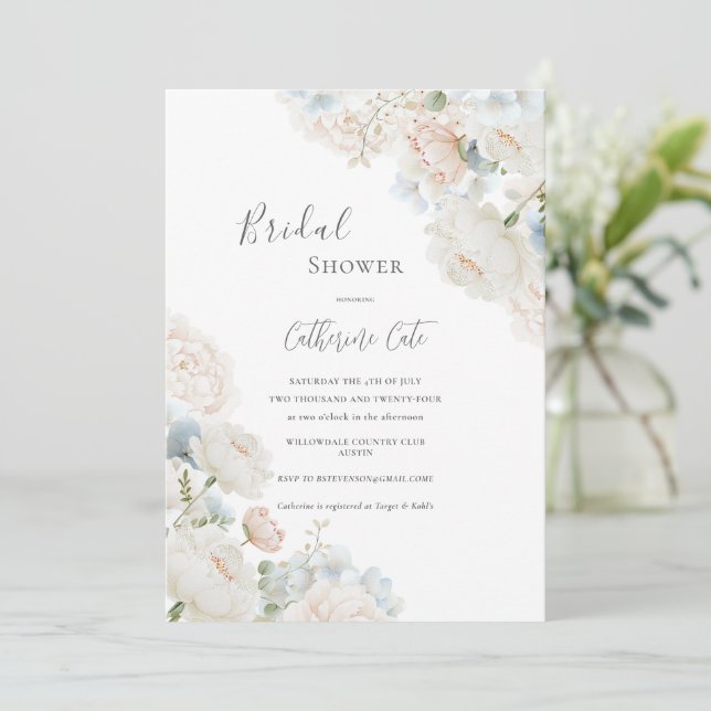 Invitación Elegant Blue Hydrangea Peonies Bridal Shower  (Anverso de pie)