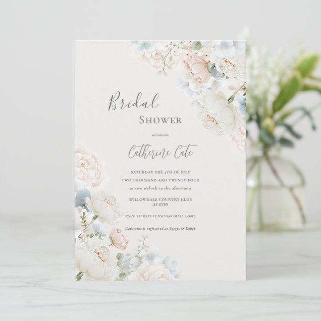 Invitación Elegant Blue Hydrangea Peonies Bridal Shower  (Anverso de pie)