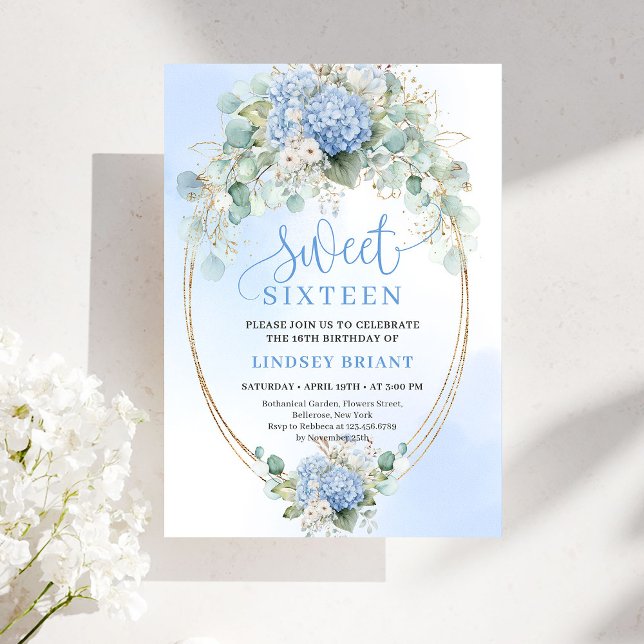 Invitación Elegant Blue Hydrangeas Gold Sweet Sixteen Invite (Elegant Blue Hydrangeas Gold Sweet Sixteen Invite)