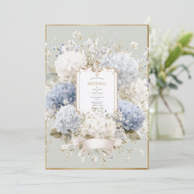 Invitación Elegant Blue Hydrangeas Sage Vintage Wedding (Anverso de pie)