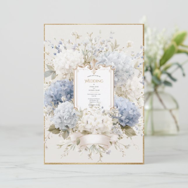 Invitación Elegant Blue Hydrangeas Vintage Wedding (Anverso de pie)