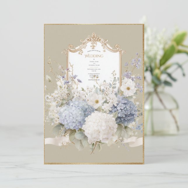 Invitación Elegant Blue Hydrangeas Vintage Wedding (Anverso de pie)