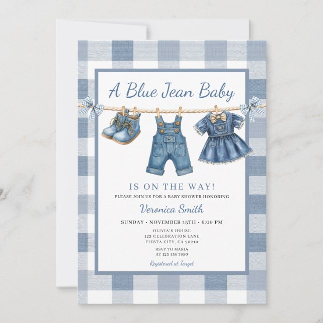 Invitación Elegant Blue Jean Clothesline Denim Baby Shower (Anverso)