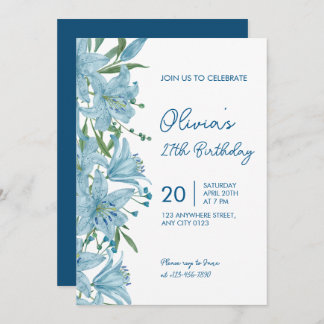 Invitación Elegant Blue Lily 27th Birthday Party Invitation