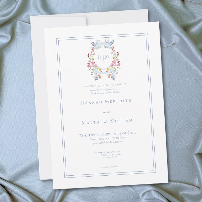 Invitación Elegant Blue Pastel Wildflower Regal Crest Wedding (Elegant Blue Pastel Wildflower Regal Crest Wedding Invitation)