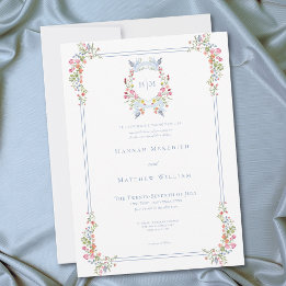 Invitación Elegant Blue Pastel Wildflower Regal Crest Wedding