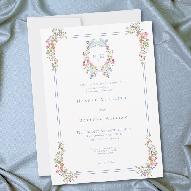 Invitación Elegant Blue Pastel Wildflower Regal Crest Wedding (Elegant Blue Pastel Wildflower Regal Crest Wedding Invitation)
