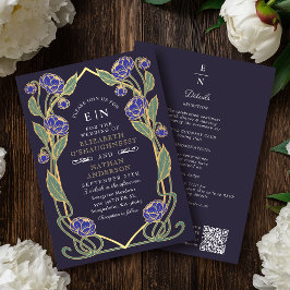 Invitación Elegant Blue Peony Art Nouveau QR Code Wedding