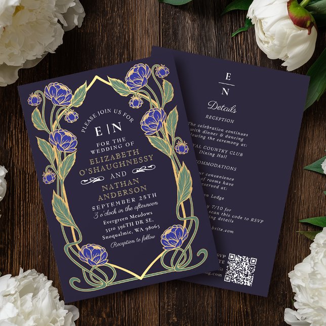 Invitación Elegant Blue Peony Art Nouveau QR Code Wedding (Subido por el creador)