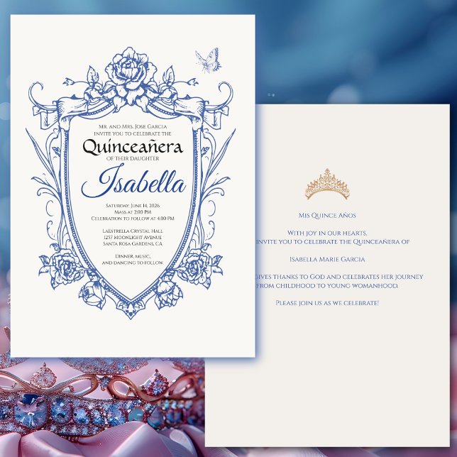 Invitación Elegant Blue Quinceanera 15th Birthday (Elegant quinceañera invitation for a 15th birthday celebration. Customize for your own event. )