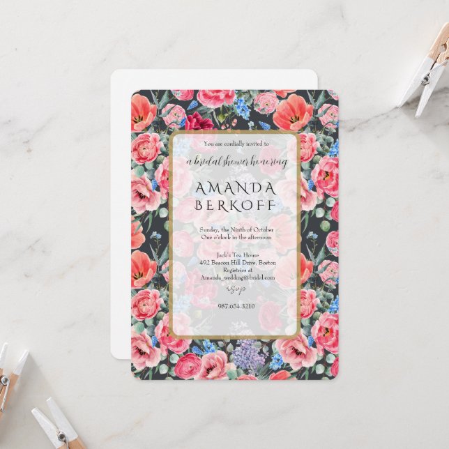 Invitación Elegant Blue & Red Flowers Bridal Shower  (Anverso/Reverso In Situ)