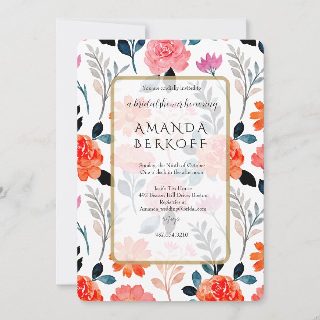 Invitación Elegant Blue & Red Flowers Bridal Shower  (Anverso)