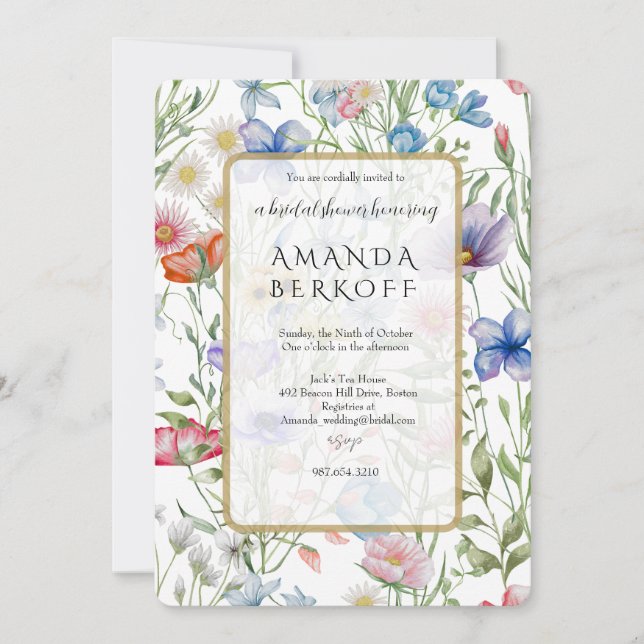 Invitación Elegant Blue & Red Flowers Bridal Shower  (Anverso)