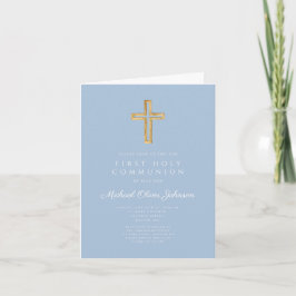 Invitación Elegant Blue Religious Cross Boy First Communion