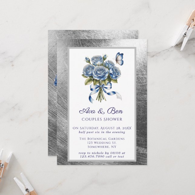 Invitación Elegant Blue Roses Butterfly Silver Couples Shower (Anverso/Reverso In Situ)