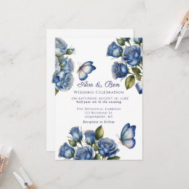 Invitación Elegant Blue Roses Butterfly Silver Wedding