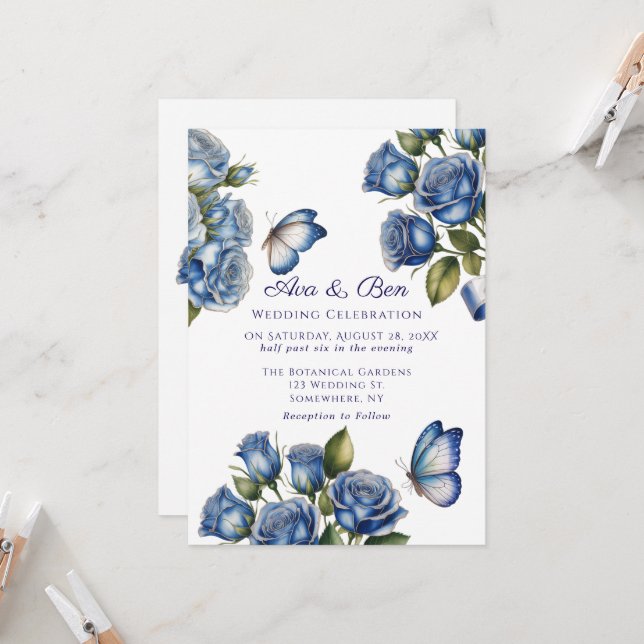 Invitación Elegant Blue Roses Butterfly Silver Wedding (Anverso/Reverso In Situ)