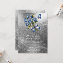 Invitación Elegant Blue Roses Butterfly Silver Wedding Shower