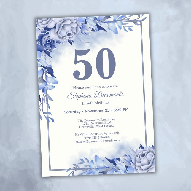 Invitación Elegant Blue Roses Floral Women's 50th Birthday  (Subido por el creador)