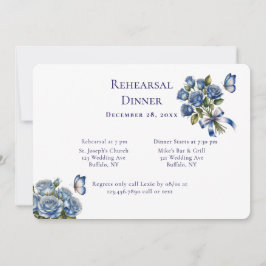 Invitación Elegant Blue Roses Silver Rehearsal Dinner