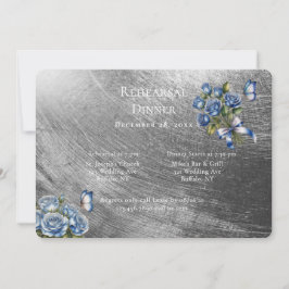 Invitación Elegant Blue Roses Silver Rehearsal Dinner